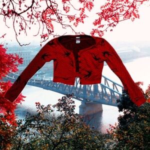 100% cotton Red Cropped Vintage Cardigan with Black Bird and Dot Print